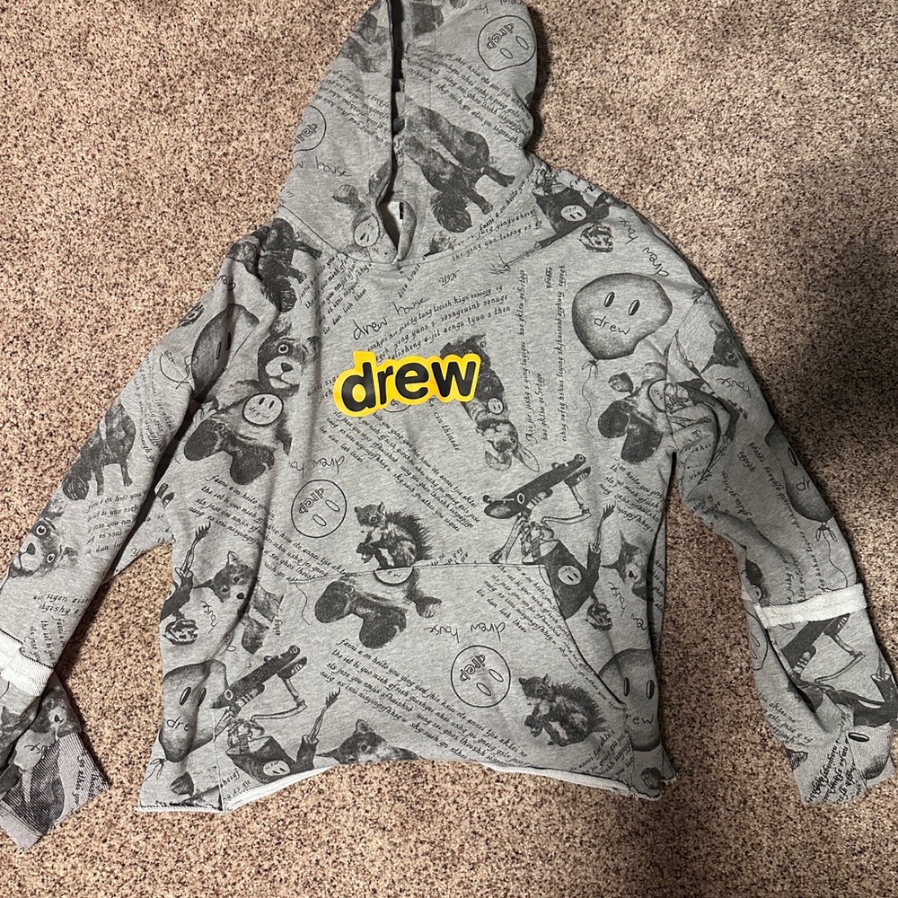 Drew House Mens Cropped Gray Hoodie with Graphic Print
